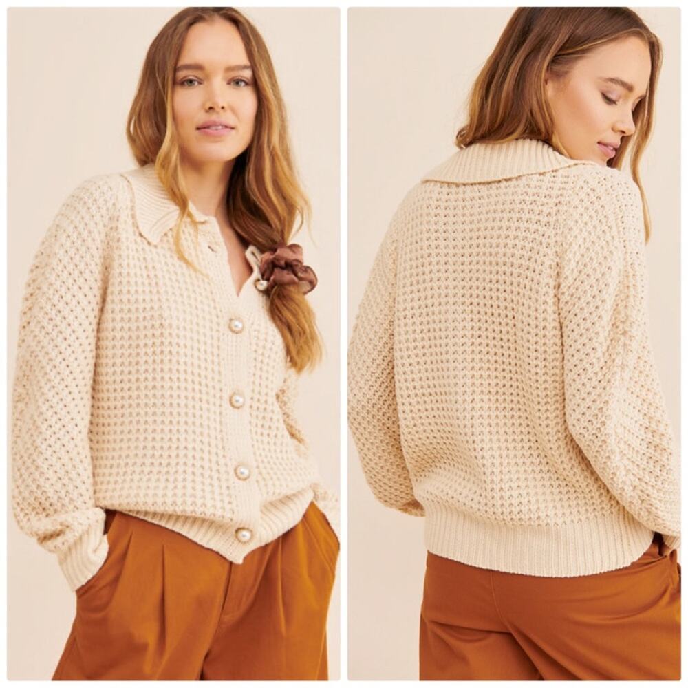 Moon River Collared Puff Sleeve Faux‎ Pearl Button Sweater Cardigan Size Large